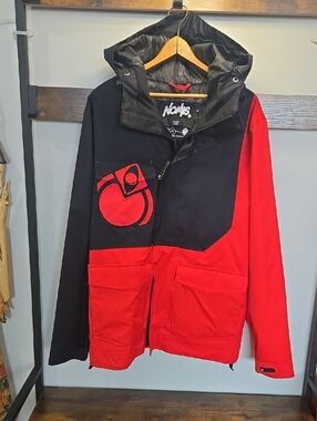 NOMIS By DEREK DENNISON Red and Black Hooded Raincoat with Graphic Chest Detail